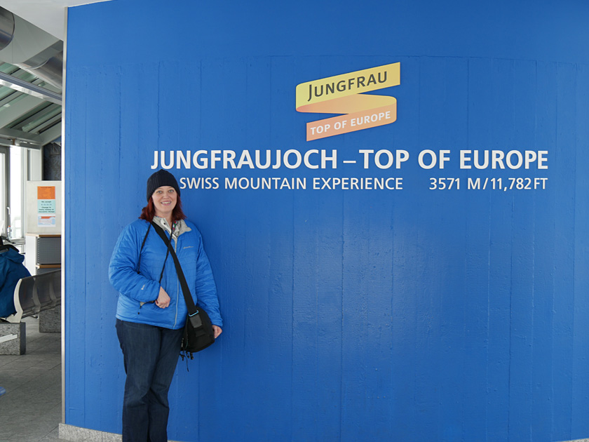 Becky at Top of Europe (11,782 ft) - Jungfrau Summit, Swiss Alps, April 2016